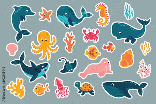Ocean life stickers for kids with whale, shark, octopus and turtle.