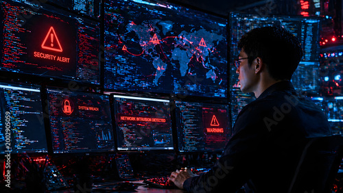 Cybersecurity expert monitoring network threats on multiple screens with red alert notifications, cyber attack and data protection concept
