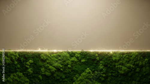 Aerial view of lush green forest canopy below a warm sky with background