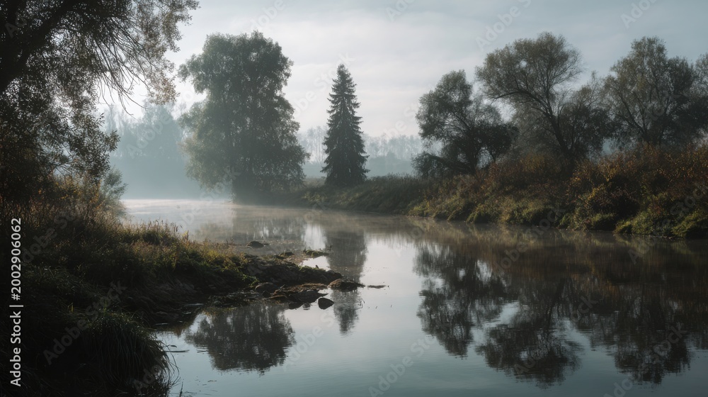 Obraz premium river covered with morning mist soft light reflections calm water cinematic landscape nature