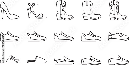 Slika na platnu Shoe line icon set footwear fashion sneakers boots vector illustration isolated