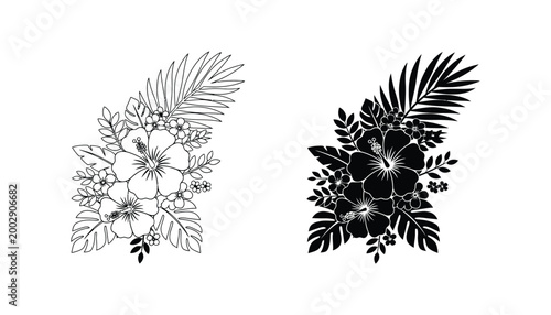 Tropical hibiscus flower bouquet with palm leaves in detailed outline and solid black silhouette for summer themes