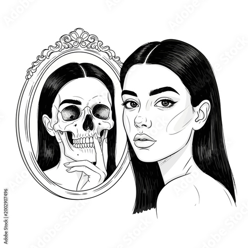Woman Sees Skull Reflection in Mirror, Mortality and Vanity Concept