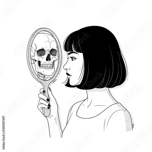 Woman looking in mirror reflection skull, mortality, self-awareness, existential crisis