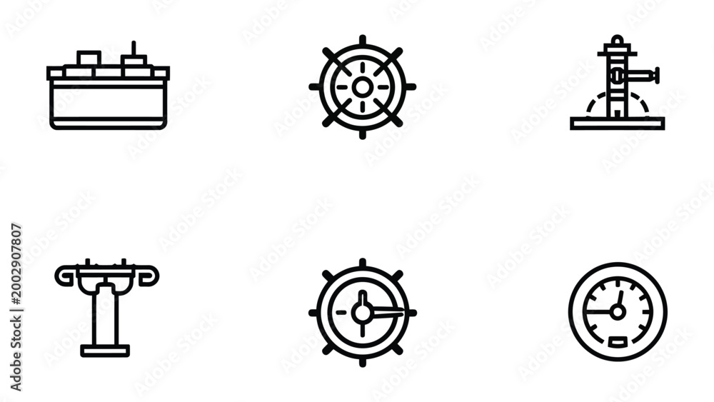 Fototapeta premium Nautical Icon Collection: A set of clean, minimalist line icons, including a ship's wheel, compass, and other nautical-themed items on a graphic background. 