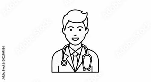 A simple outline drawing of a smiling male medical professional with a stethoscope