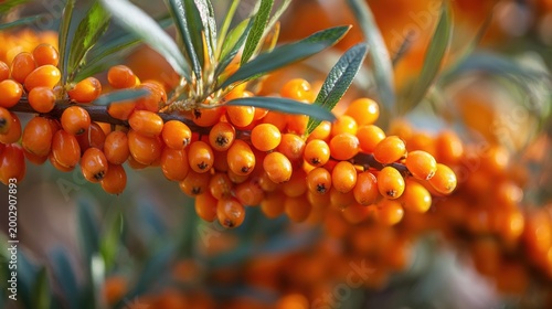 sea buckthorn berries densely covering branch bright orange macro natural light texture detail