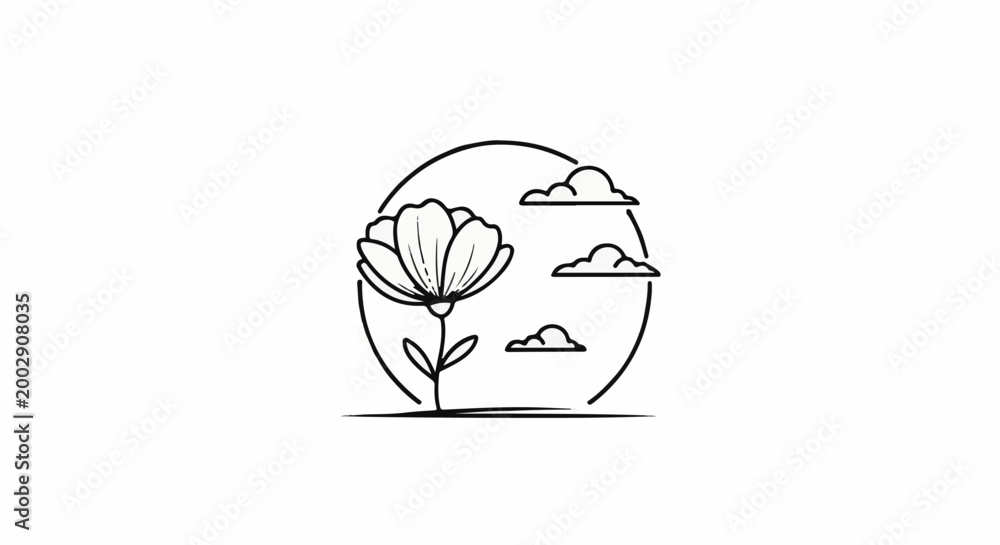 Obraz premium A simple line art illustration of a blooming flower within a circle with clouds