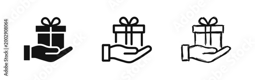 Hand holding gift box icon set in solid, outline, and hand-drawn styles