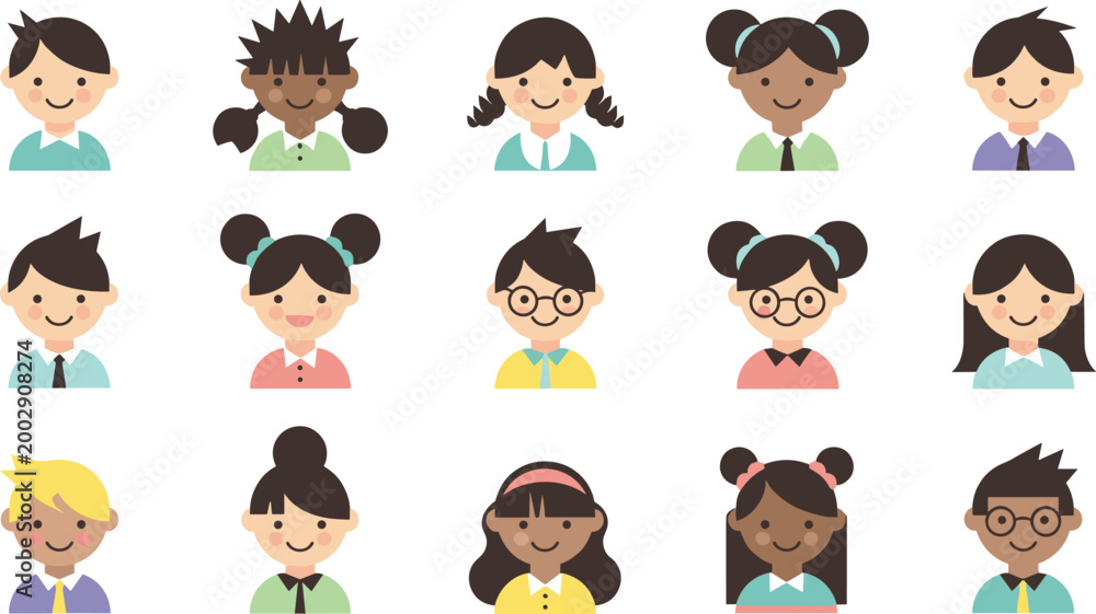 Fototapeta premium Diverse Children Faces with Different Hairstyles and Expressions Vector Illustration for Education, Kids, and School Life