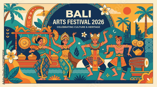 A vibrant flat design vector illustration depicting stylized Balinese dancers for a "Bali Arts Festival 2026" banner. This clean and modern design captures the spirit of traditional performance.