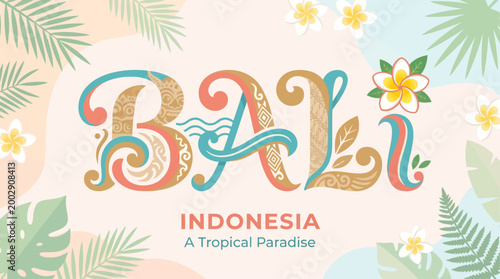 A unique flat design vector illustration featuring the word "BALI" with elegant typography, subtly enhanced by a frangipani flower and abstract Barong mask patterns. 