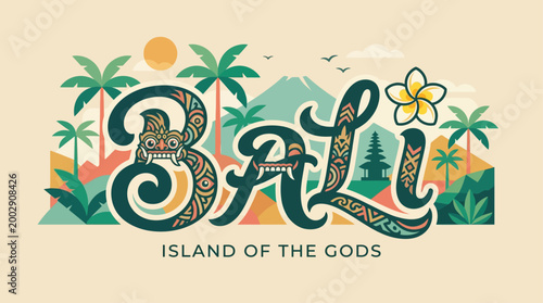 A unique flat design vector illustration featuring the word "BALI" with elegant typography, subtly enhanced by a frangipani flower and abstract Barong mask patterns. 