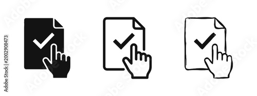 Hand clicking on checkmark document icons set for approval and verification