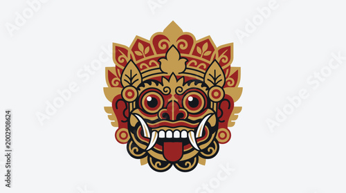 A striking flat design vector icon of the traditional Balinese Barong mask, capturing its fierce yet protective essence with clean lines and a limited color palette.