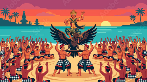 An energetic flat design vector illustration of Bali's phenomenal Kecak Dance performance, featuring a traditional, legendary story from ancient times. Set against the backdrop of Bali's natural beaut