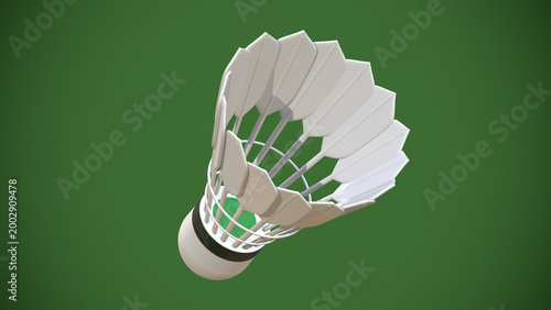 Single white shuttlecock for badminton 3D render on green background