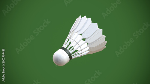 Single white shuttlecock for badminton 3D render on green background