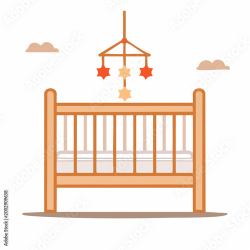 Wooden Baby Crib with Star Mobile and Clouds