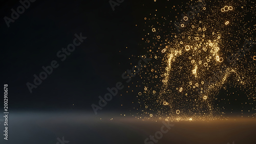 Golden particles explosion on dark background with particles, explosion