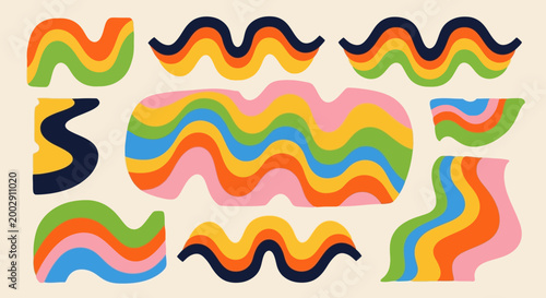 Retro Groovy Wavy Lines and Abstract Rainbow Shapes Set