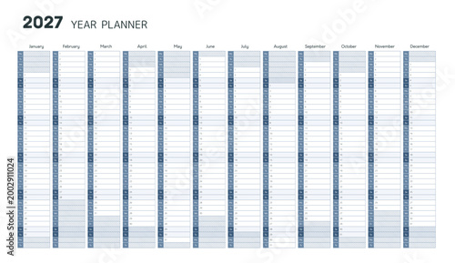 Tableau sur toile 2027 year calendar with blank vertical grid in minimal style