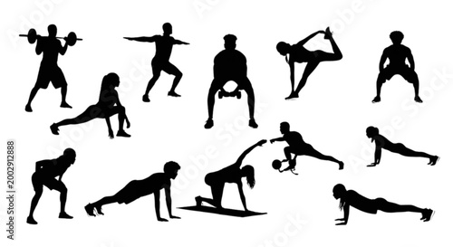 Tableau sur toile Silhouette man performing various workout exercises isolated on transparent back