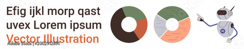 Data analytics, machine learning, automation, artificial intelligence, education, technology. Two pie charts with a robot pointing. Data analytics and machine learning concept