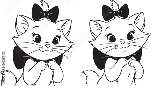 Two cartoon white cats wearing black bows with animal illustration pet illustration cute cat line art animal graphic illustration domestic whiskers adorable children character