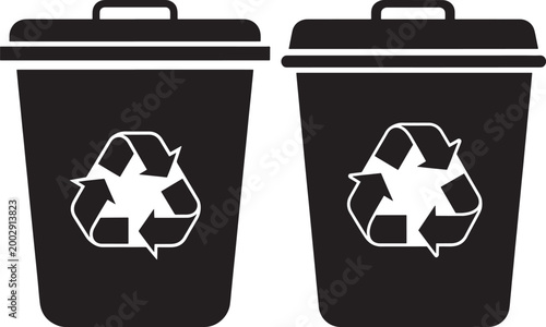 Two black trash cans with recycling symbol graphic illustration trash can black and white eco friendly eco icon bin icon waste icon environment icon recycling illustration container