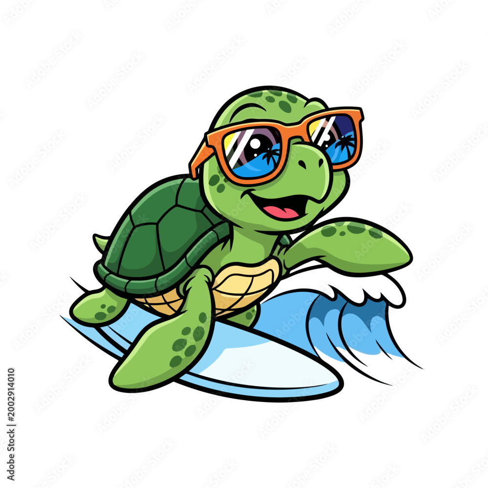 Fototapeta premium Cartoon turtle wearing sunglasses surfing on a wave.