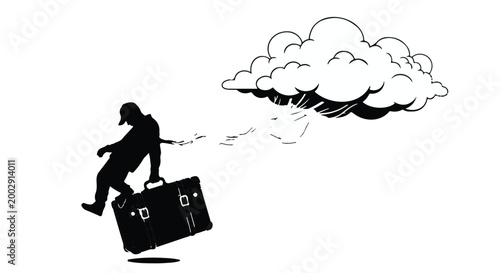 man running with suitcase tied to cloud