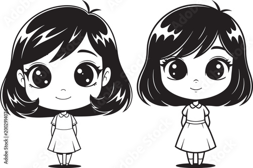 Two chibi style girls with bob haircuts illustration character portrait monochrome japanese hairstyle clothing