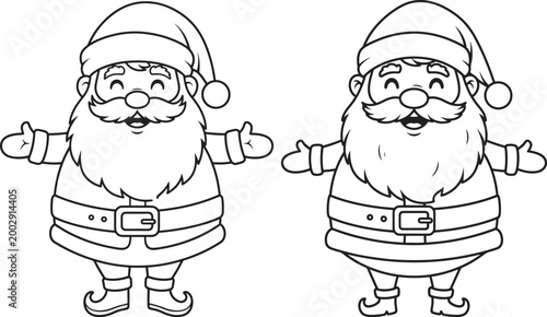 Two cheerful cartoon santas in black and white outline with flat design father christmas character greeting illustration decoration celebration greeting card template new year