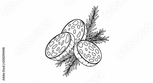 Sliced round food items with a sprig of greenery