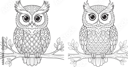Two decorative owls on branches in black and white outline with coloring page decorative zentangle illustration wildlife symmetrical detailed artistic whimsical isolated creative stylized