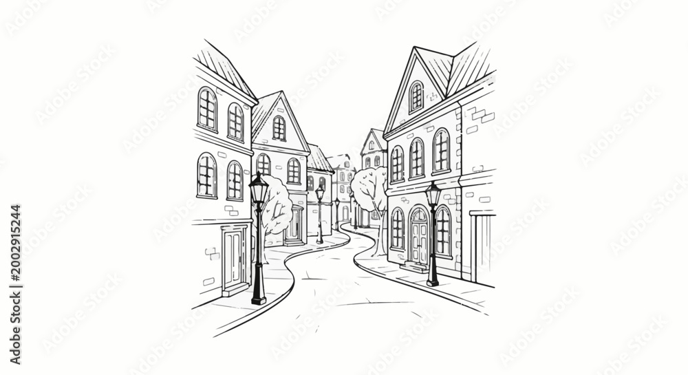Obraz premium Sketch of a winding cobblestone street lined with old European buildings