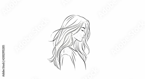 Sketch of a woman with long, flowing hair looking down with eyes closed
