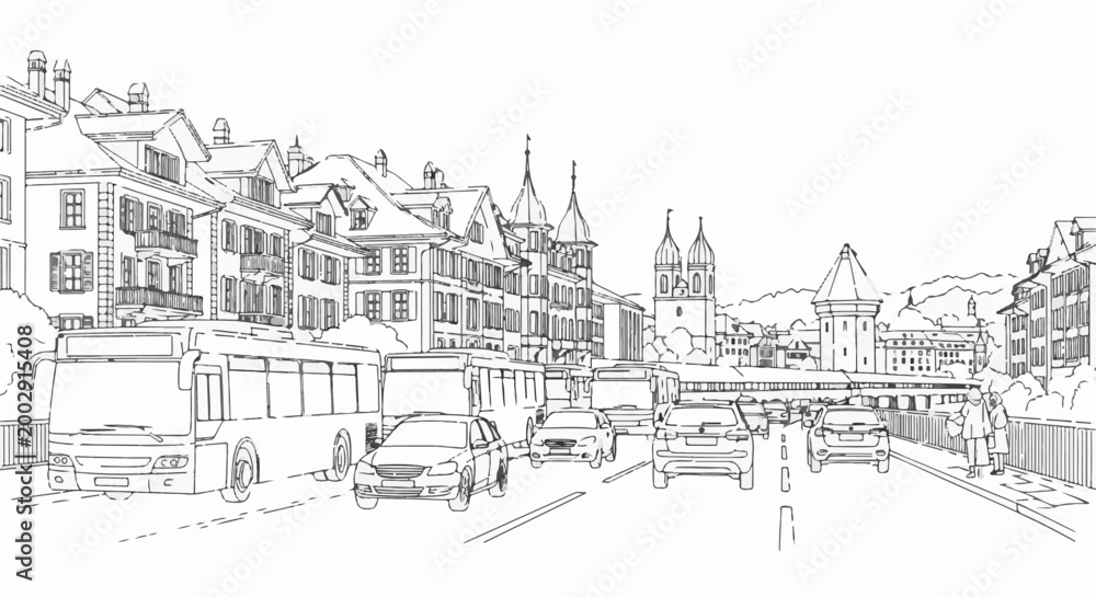 Fototapeta premium Sketch of a busy street with vehicles and historic buildings