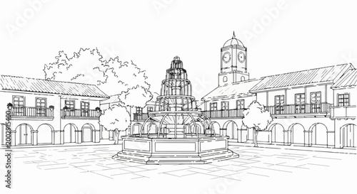Sketch of a courtyard with a tiered fountain, trees, and buildings