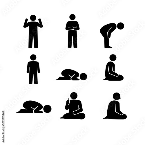 Takbeer (Start Position), qiyam standing,Ruku (Bowing), Qawmah (Standing after Ruku), Sajdah (Prostration), jalsa (Sitting between Sajdah), Second Sajdah, Tashahhud (Final Sitting), Salam (End)