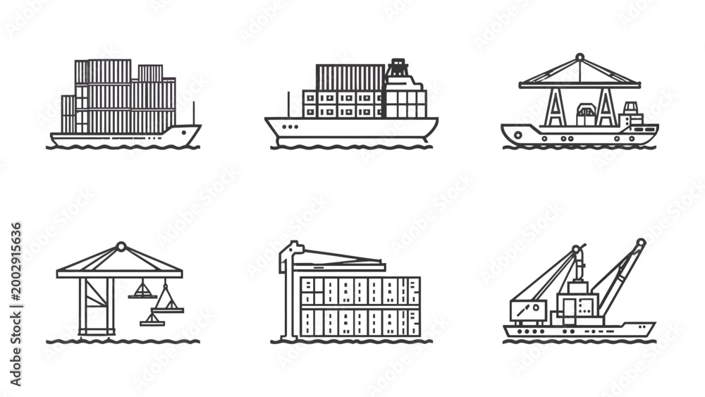 Fototapeta premium Global Trade Icons: A set of detailed line art icons, showcasing the intricate world of global trade and logistics. Featuring cargo ships, container cranes.