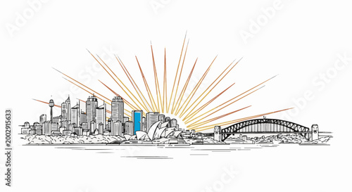 Sketch of a city skyline at sunrise with a prominent bridge