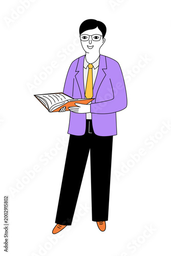 Smiling male teacher wearing glasses holding an open book, ready to explain a lesson.