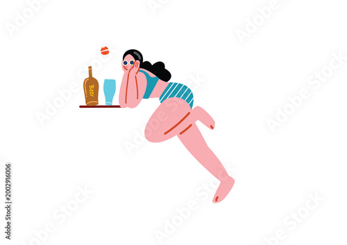 ビール飲む水着を着た女性のイラスト