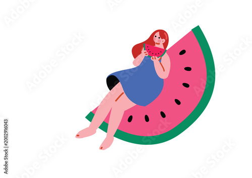 スイカを食べる女性のイラスト