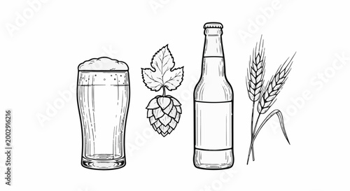 Sketch of beer glass, hops, bottle, and wheat stalks
