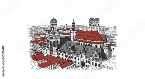 Sketch of a European city skyline with prominent church spires and red roofs