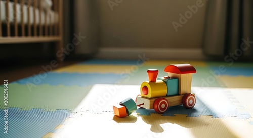 Wooden toy train on play mat in bright room with soft sunlight