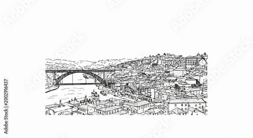 Sketch of a European city with a large bridge spanning a river and densely packed buildings
